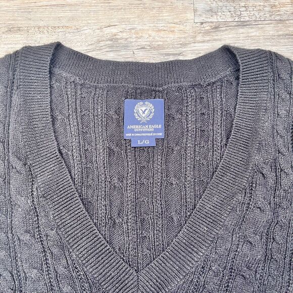 Y2K American Eagle Cable Knit Sweater Medium Black Fitted V Neck Preppy Vintage - Picture 6 of 9